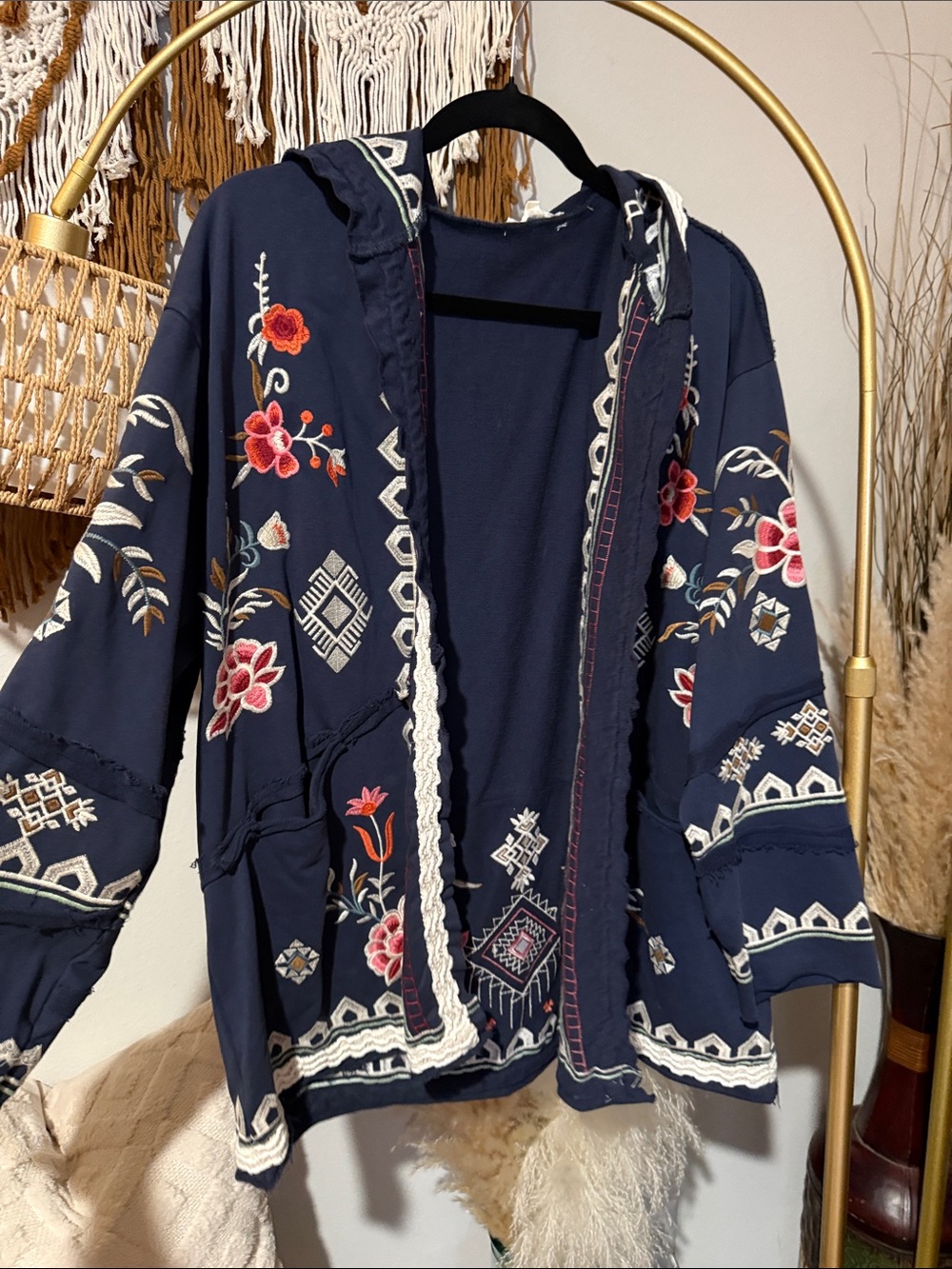 Embroidered Navy Hooded Tunic Jacket